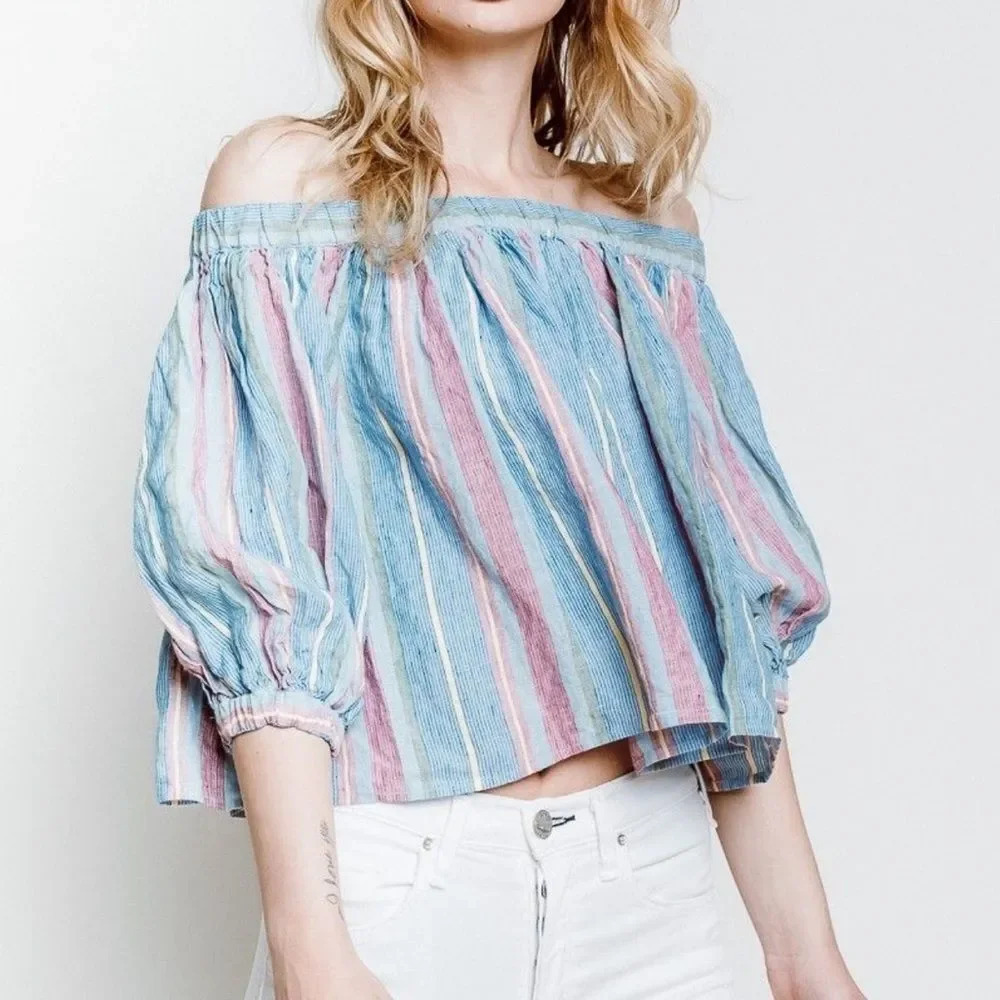 NWT Frame Denim Off The Shoulder Linen Striped Top